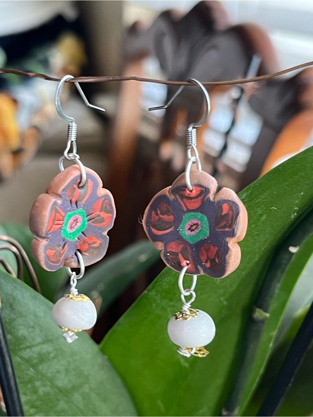 Handmade Floral Dangle Earrings in Coral color Polymer Clay and Green
